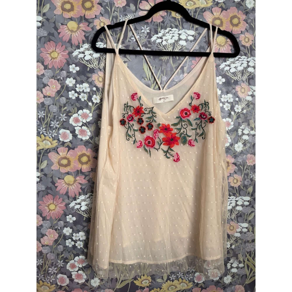 A‎ Beautiful Soul Embroidered Floral Mesh Cami Top Dot Strappy Siza A